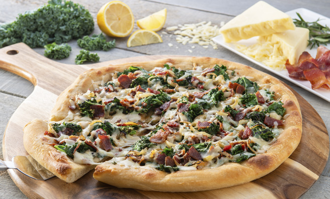 Bacon, Kale and Caramelized Onion Pizza