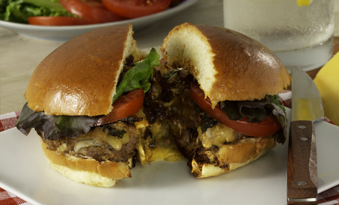Gouda Stuffed Burgers with Caramelized Onions
